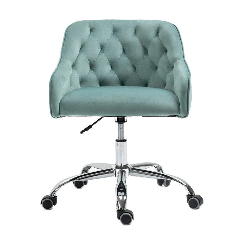 Chaise de bureau moderne en velours, réglable en hauteur, dossier mi-haut, pieds argentés.