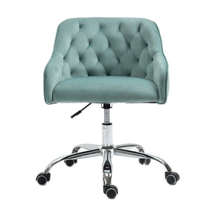 Chaise de bureau moderne en velours, réglable en hauteur, dossier mi-haut, pieds argentés.