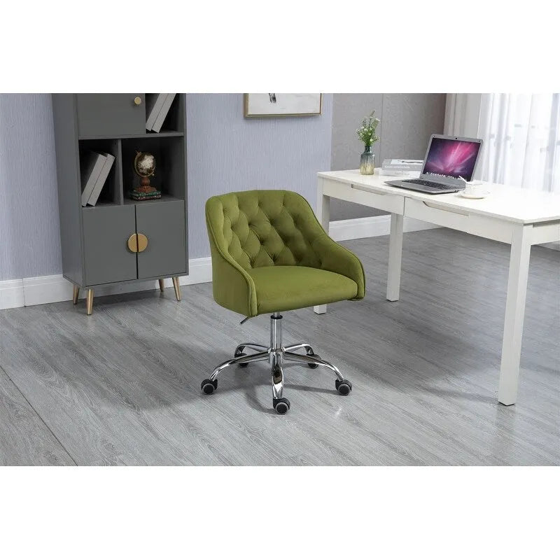 Chaise de bureau moderne en velours, réglable en hauteur, dossier mi-haut, pieds argentés.
