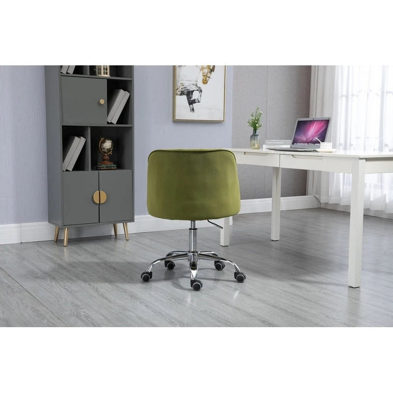Chaise de bureau moderne en velours, réglable en hauteur, dossier mi-haut, pieds argentés.