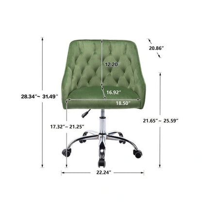 Chaise de bureau moderne en velours, réglable en hauteur, dossier mi-haut, pieds argentés.