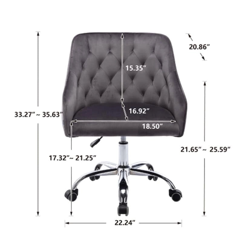 Chaise de bureau moderne en velours, réglable en hauteur, dossier mi-haut, pieds argentés.