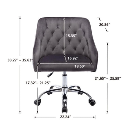Chaise de bureau moderne en velours, réglable en hauteur, dossier mi-haut, pieds argentés.