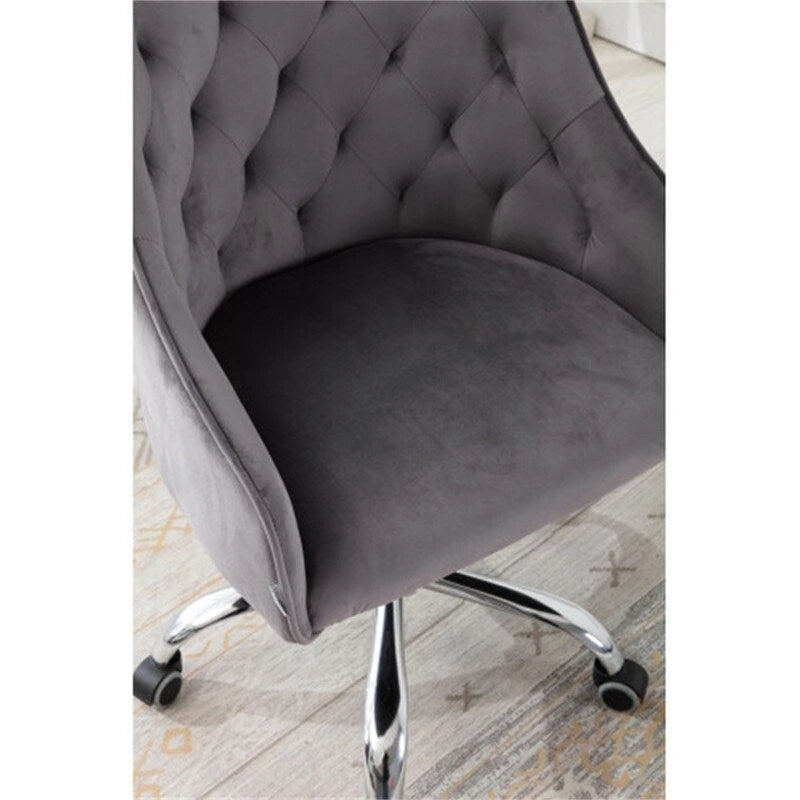 Chaise de bureau moderne en velours, réglable en hauteur, dossier mi-haut, pieds argentés.