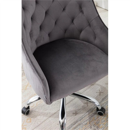 Chaise de bureau moderne en velours, réglable en hauteur, dossier mi-haut, pieds argentés.
