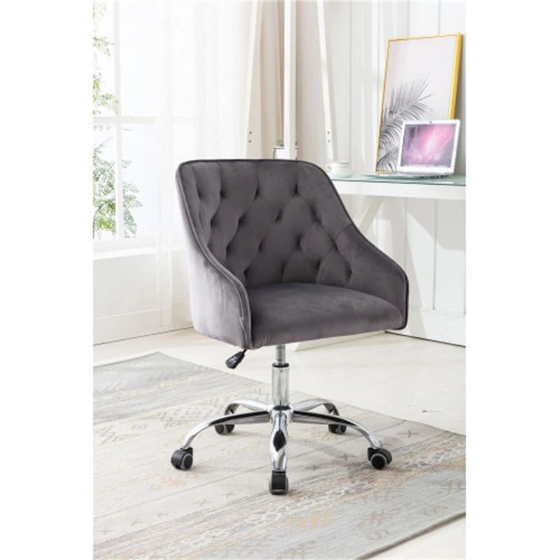 Chaise de bureau moderne en velours, réglable en hauteur, dossier mi-haut, pieds argentés.