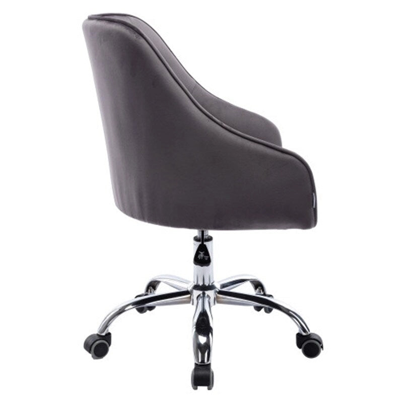 Chaise de bureau moderne en velours, réglable en hauteur, dossier mi-haut, pieds argentés.