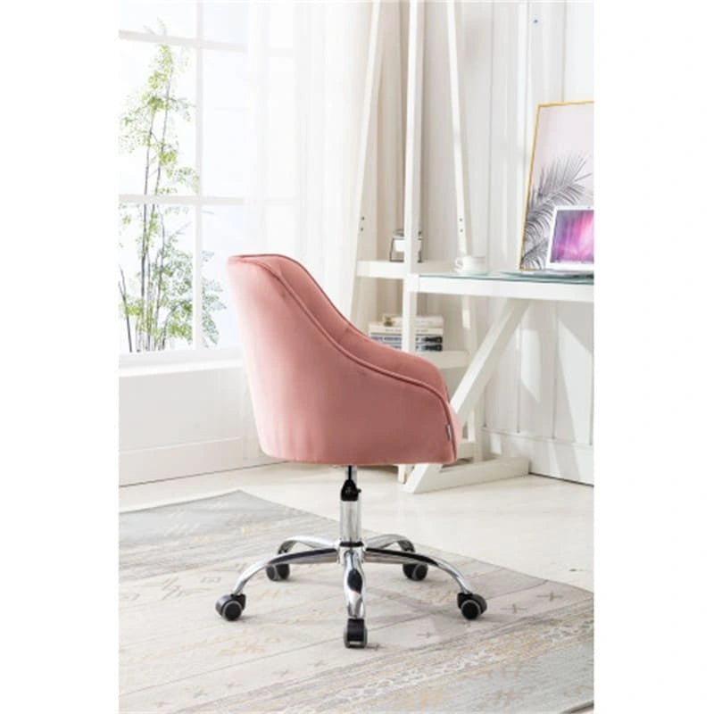 Chaise de bureau moderne en velours, réglable en hauteur, dossier mi-haut, pieds argentés.