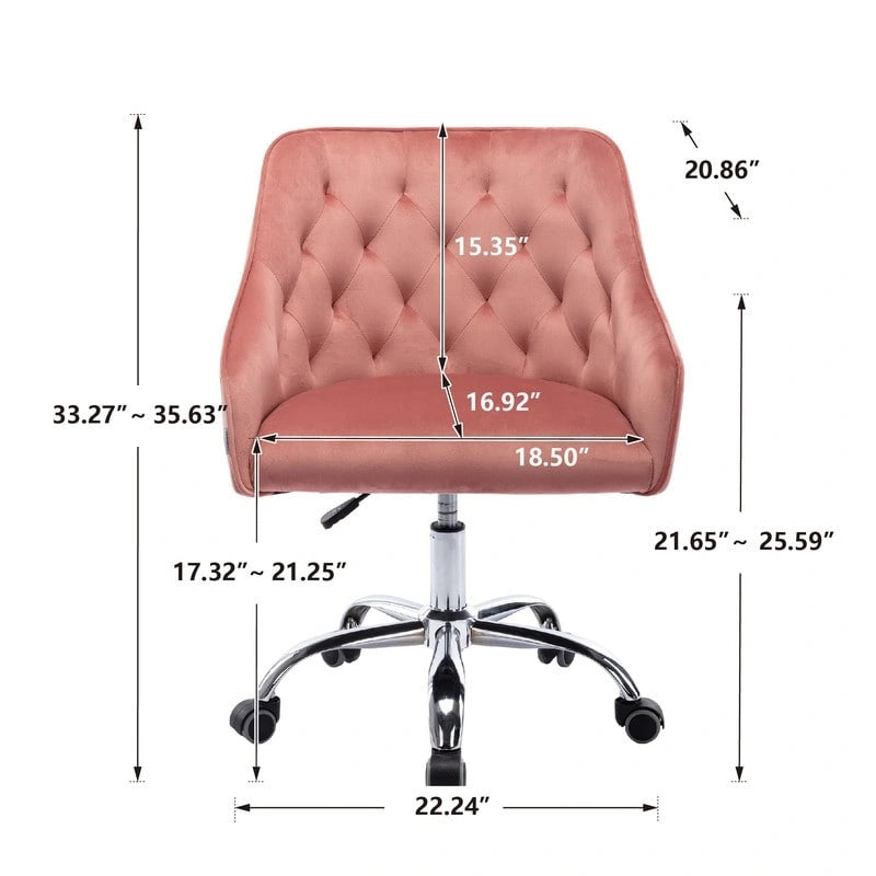 Chaise de bureau moderne en velours, réglable en hauteur, dossier mi-haut, pieds argentés.