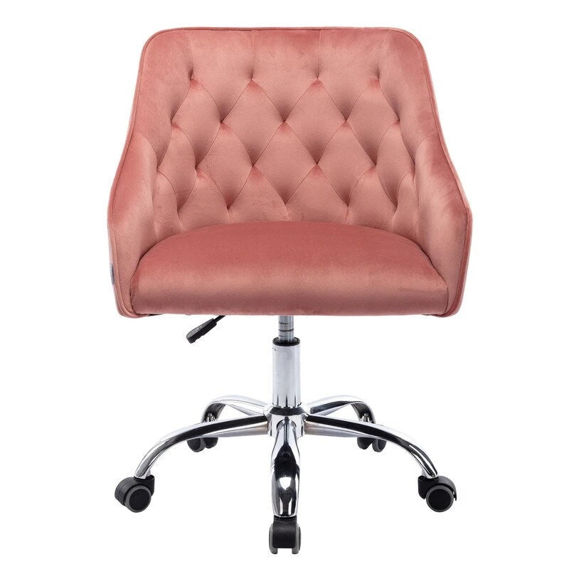Chaise de bureau moderne en velours, réglable en hauteur, dossier mi-haut, pieds argentés.
