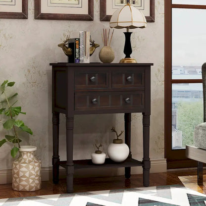 Console étroite, table d'appoint fine avec trois tiroirs de rangement et une étagère inférieure - 60,2 cm (L) x 33 cm (l) x 79 cm (H)