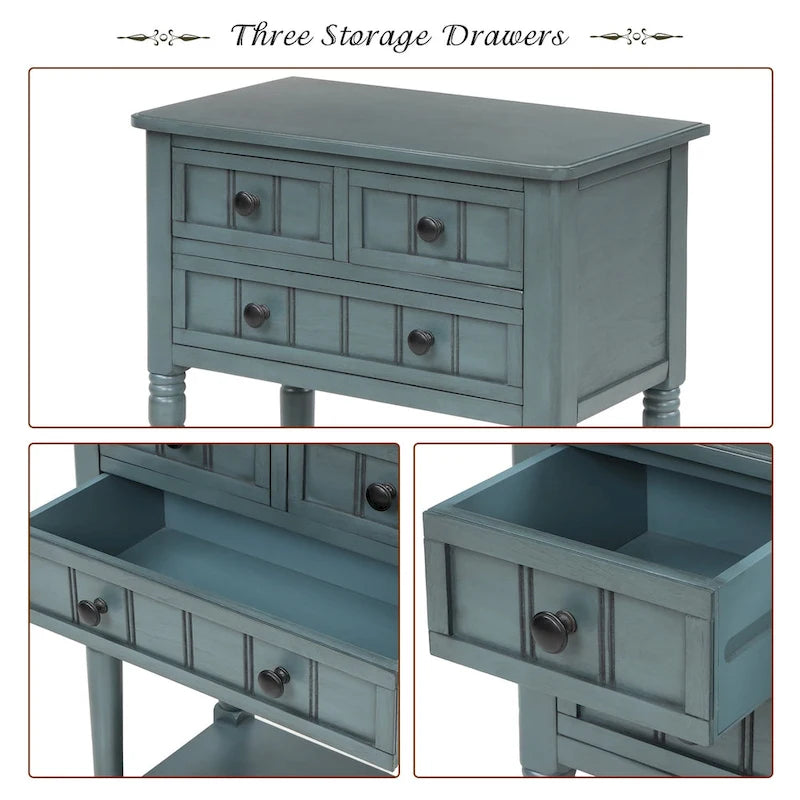 Console étroite, table d'appoint fine avec trois tiroirs de rangement et une étagère inférieure - 60,2 cm (L) x 33 cm (l) x 79 cm (H)