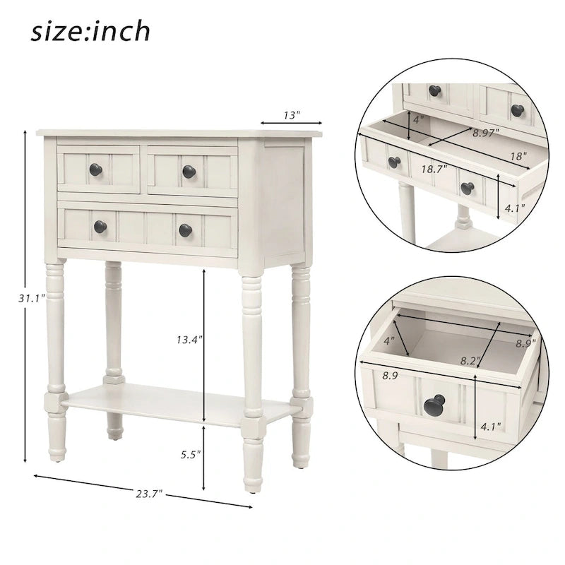 Console étroite, table d'appoint fine avec trois tiroirs de rangement et une étagère inférieure - 60,2 cm (L) x 33 cm (l) x 79 cm (H)
