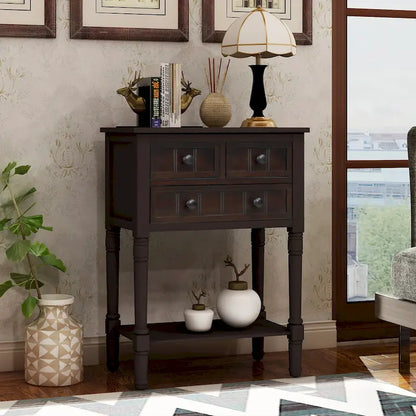 Console étroite, table d'appoint fine avec trois tiroirs de rangement et une étagère inférieure - 60,2 cm (L) x 33 cm (l) x 79 cm (H)