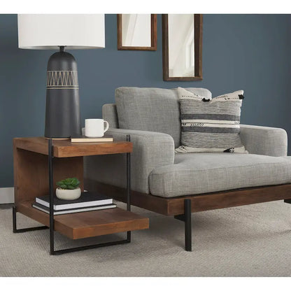 Maddox Medium Brown Solid Wood w/ Black Metal Frame C-Shaped End/Side Table