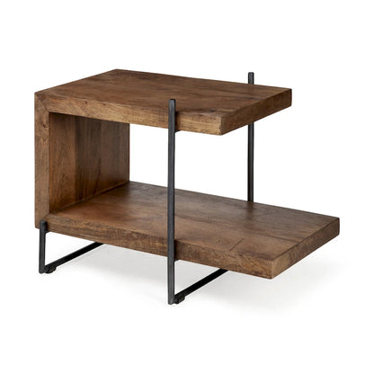Table d'appoint/de chevet Maddox en bois massif brun moyen avec structure en métal noir, en forme de C