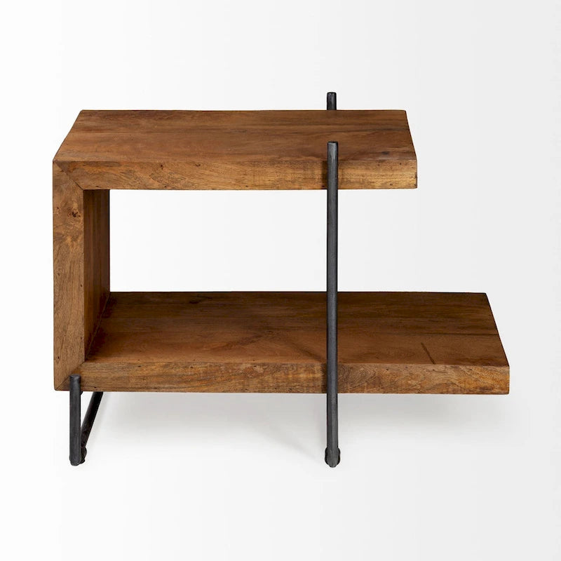 Table d'appoint/de chevet Maddox en bois massif brun moyen avec structure en métal noir, en forme de C