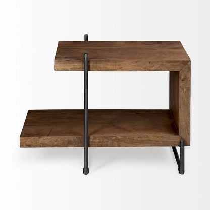 Table d'appoint/de chevet Maddox en bois massif brun moyen avec structure en métal noir, en forme de C