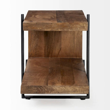Table d'appoint/de chevet Maddox en bois massif brun moyen avec structure en métal noir, en forme de C