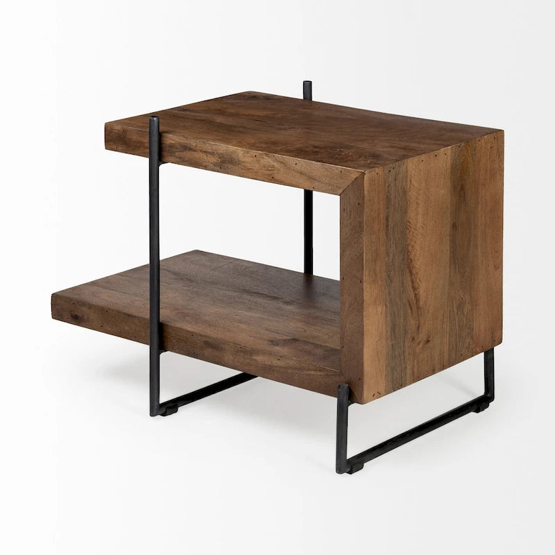 Table d'appoint/de chevet Maddox en bois massif brun moyen avec structure en métal noir, en forme de C