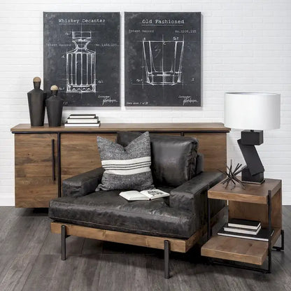 Table d'appoint/de chevet Maddox en bois massif brun moyen avec structure en métal noir, en forme de C