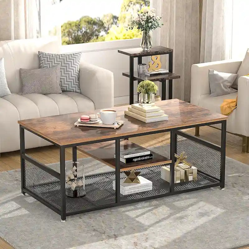 Table basse rectangulaire industrielle en bois avec étagère de rangement, structure en métal, table de chevet pour la maison