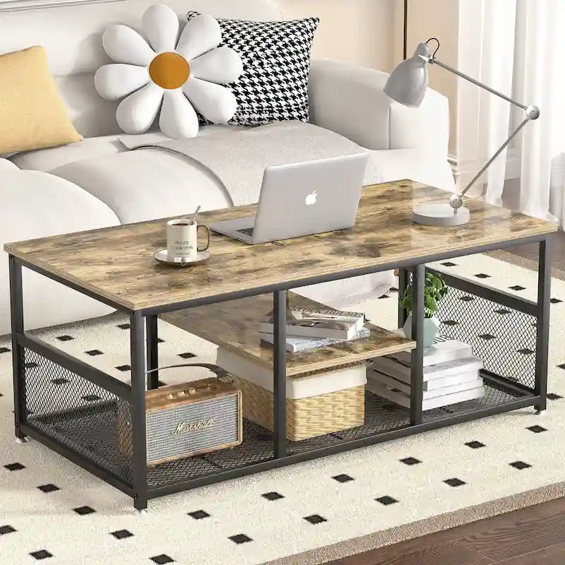 Table basse rectangulaire industrielle en bois avec étagère de rangement, structure en métal, table de chevet pour la maison