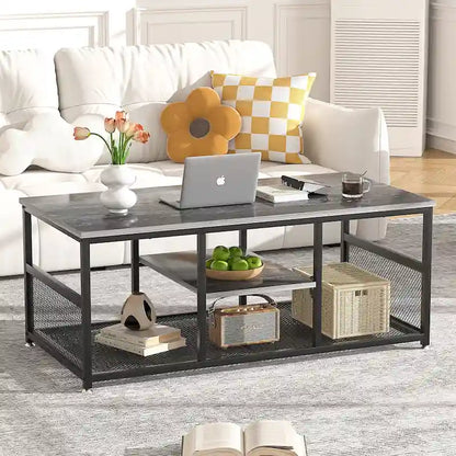 Table basse rectangulaire industrielle en bois avec étagère de rangement, structure en métal, table de chevet pour la maison