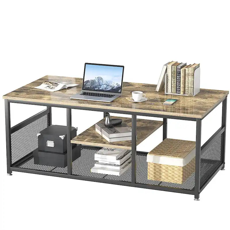 Table basse rectangulaire industrielle en bois avec étagère de rangement, structure en métal, table de chevet pour la maison