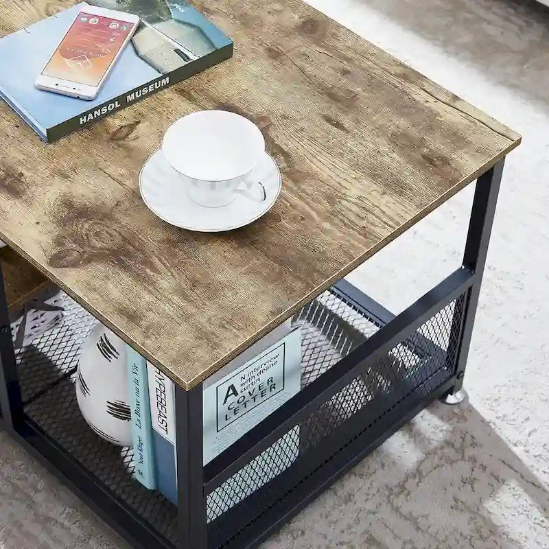 Table basse rectangulaire industrielle en bois avec étagère de rangement, structure en métal, table de chevet pour la maison