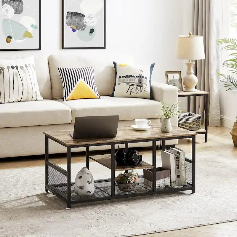 Table basse rectangulaire industrielle en bois avec étagère de rangement, structure en métal, table de chevet pour la maison