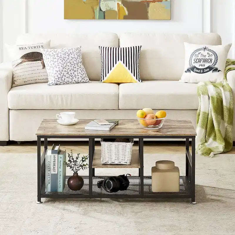 Table basse rectangulaire industrielle en bois avec étagère de rangement, structure en métal, table de chevet pour la maison