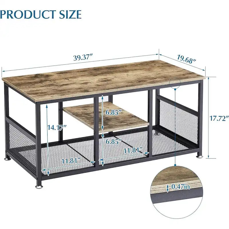 Table basse rectangulaire industrielle en bois avec étagère de rangement, structure en métal, table de chevet pour la maison