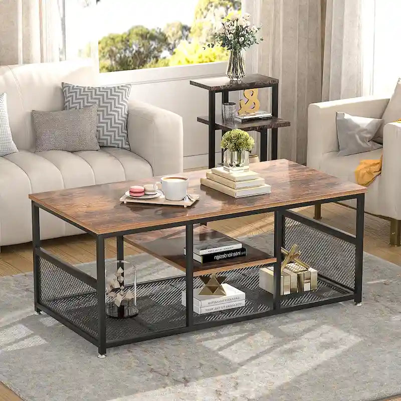 Table basse rectangulaire industrielle en bois avec étagère de rangement, structure en métal, table de chevet pour la maison