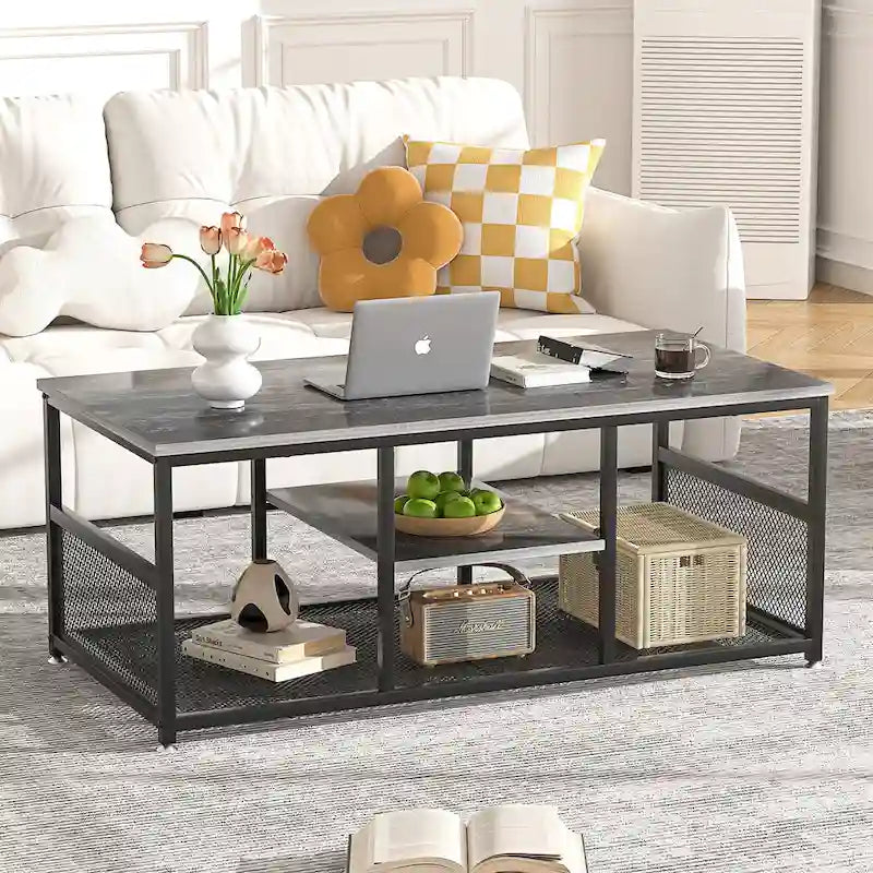 Table basse rectangulaire industrielle en bois avec étagère de rangement, structure en métal, table de chevet pour la maison