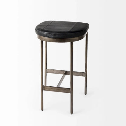 Tabouret de bar Millie, assise en cuir véritable noir et structure en métal nickelé