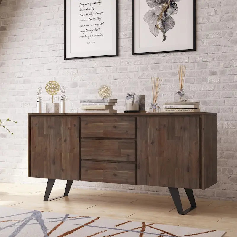 Buffet rectangulaire moderne industriel en bois de chêne WYNDENHALL Mitchell Metal de 152 cm de large - 152 x 43 x 76 cm