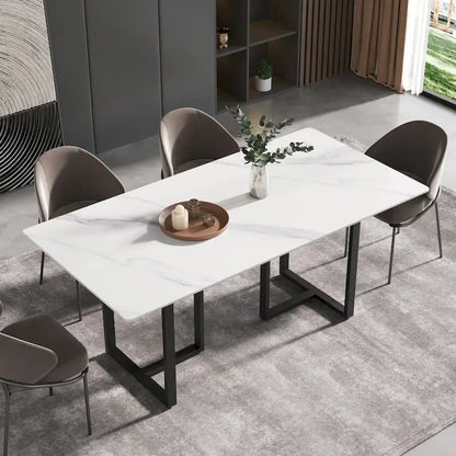Table de salle à manger en marbre blanc 71 pour 6 à 8 personnes, plateau rectangulaire et pieds triangulaires en acier au carbone
