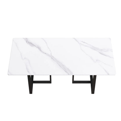 Table de salle à manger en marbre blanc 71 pour 6 à 8 personnes, plateau rectangulaire et pieds triangulaires en acier au carbone
