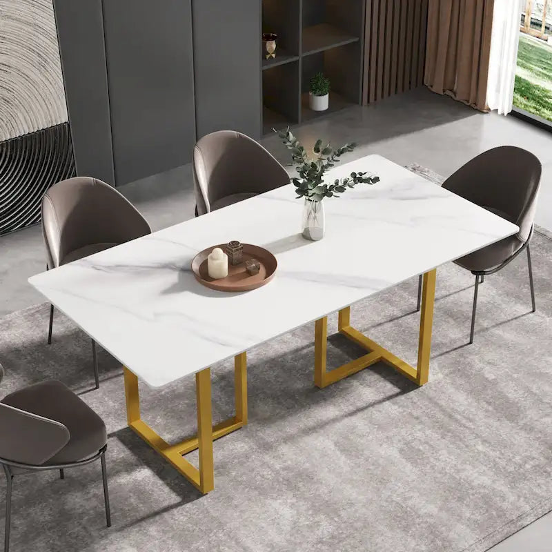 Table de salle à manger en marbre blanc 71 pour 6 à 8 personnes, plateau rectangulaire et pieds triangulaires en acier au carbone