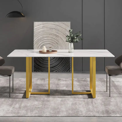 Table de salle à manger en marbre blanc 71 pour 6 à 8 personnes, plateau rectangulaire et pieds triangulaires en acier au carbone