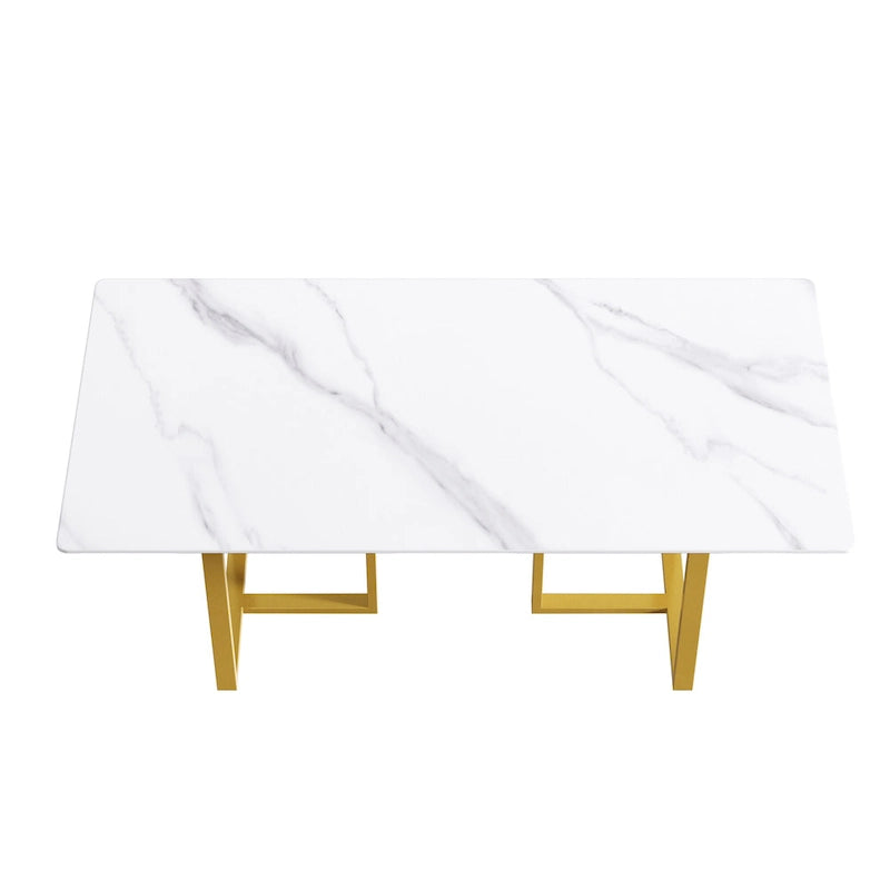 Table de salle à manger en marbre blanc 71 pour 6 à 8 personnes, plateau rectangulaire et pieds triangulaires en acier au carbone