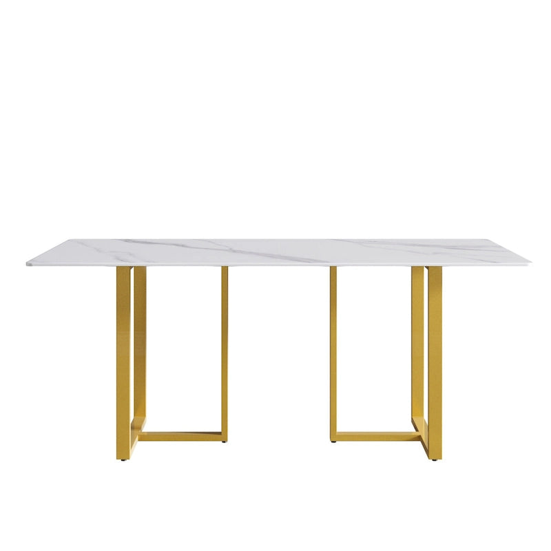 Table de salle à manger en marbre blanc 71 pour 6 à 8 personnes, plateau rectangulaire et pieds triangulaires en acier au carbone
