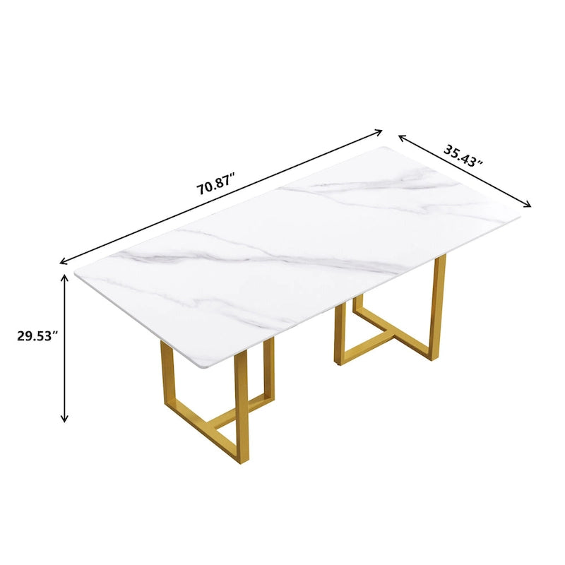 Table de salle à manger en marbre blanc 71 pour 6 à 8 personnes, plateau rectangulaire et pieds triangulaires en acier au carbone