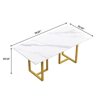 Table de salle à manger en marbre blanc 71 pour 6 à 8 personnes, plateau rectangulaire et pieds triangulaires en acier au carbone