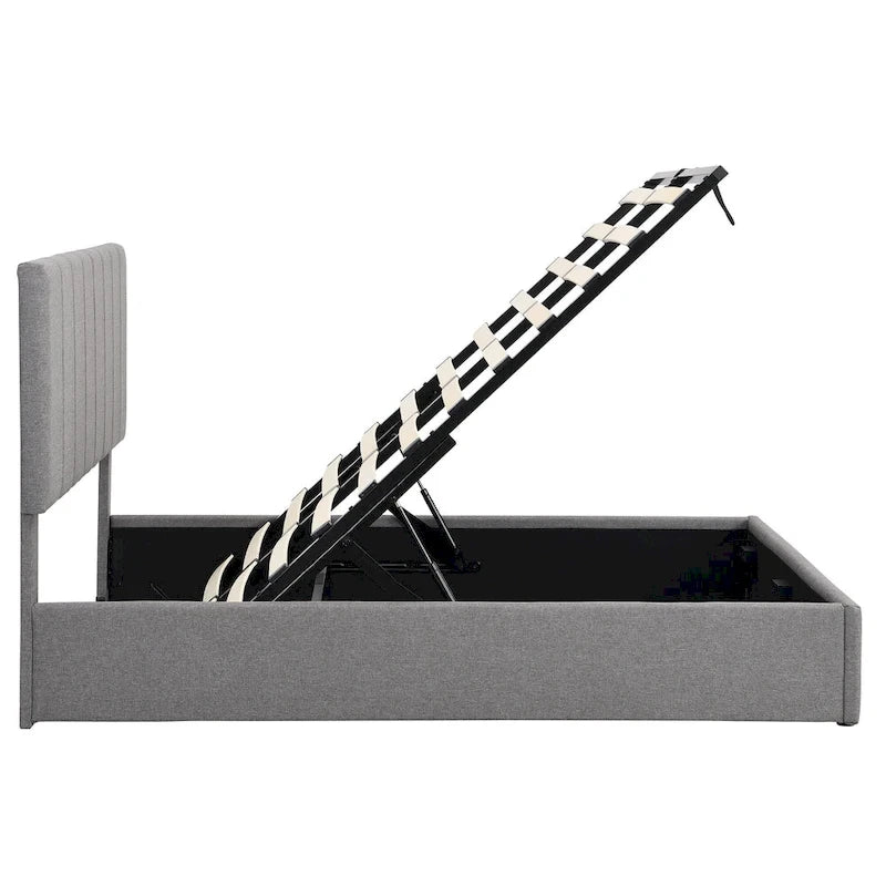 Lit plateforme moderne capitonné avec système de rangement hydraulique