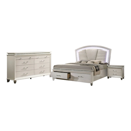 Ensemble lit plateforme 3 pièces Xian Glam en bois massif blanc avec table de chevet et commode et éclairage LED, par Furniture of America