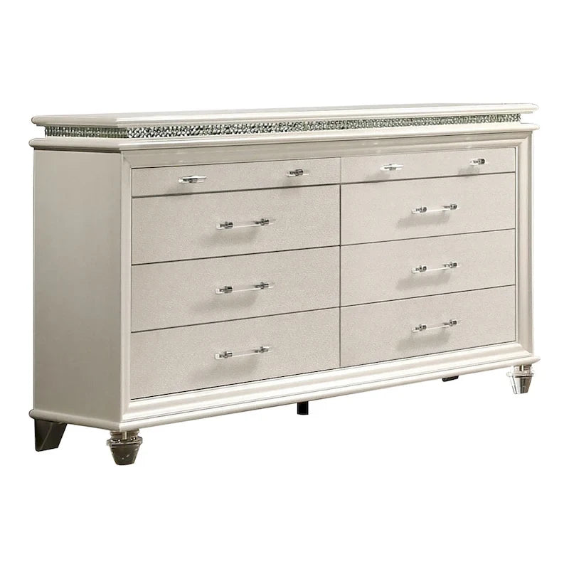 Ensemble lit plateforme 3 pièces Xian Glam en bois massif blanc avec table de chevet et commode et éclairage LED, par Furniture of America