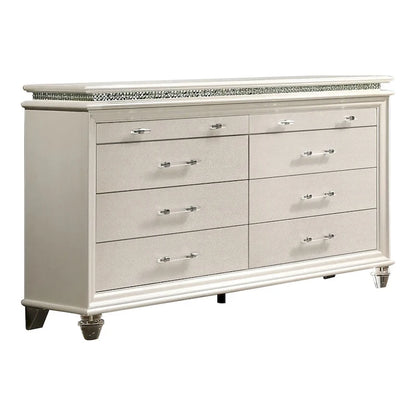 Ensemble lit plateforme 3 pièces Xian Glam en bois massif blanc avec table de chevet et commode et éclairage LED, par Furniture of America