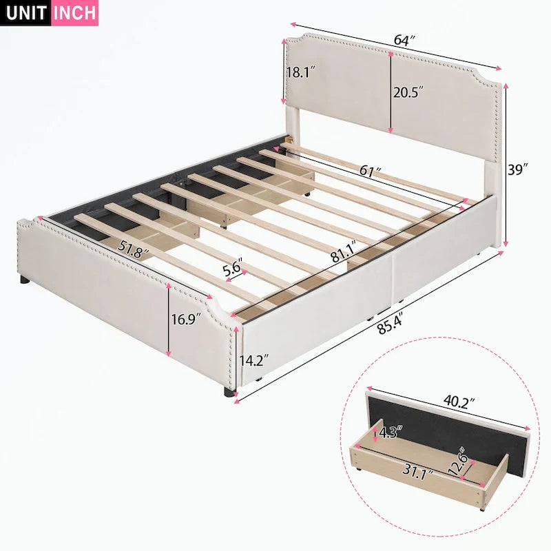 Lit plateforme capitonné avec tête et pied de lit à clous décoratifs